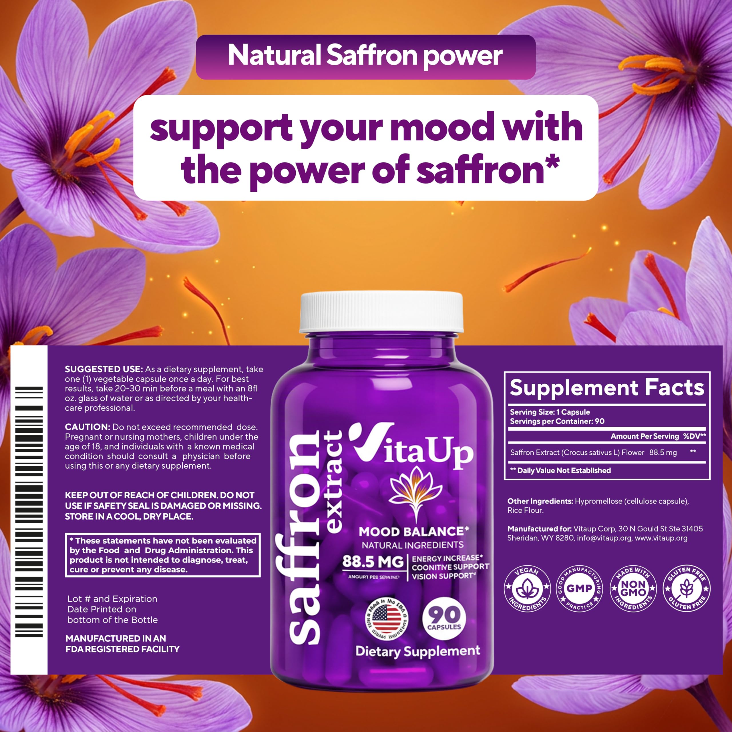 VitaUp saffron near glasses illustrating eye health and daily energy use