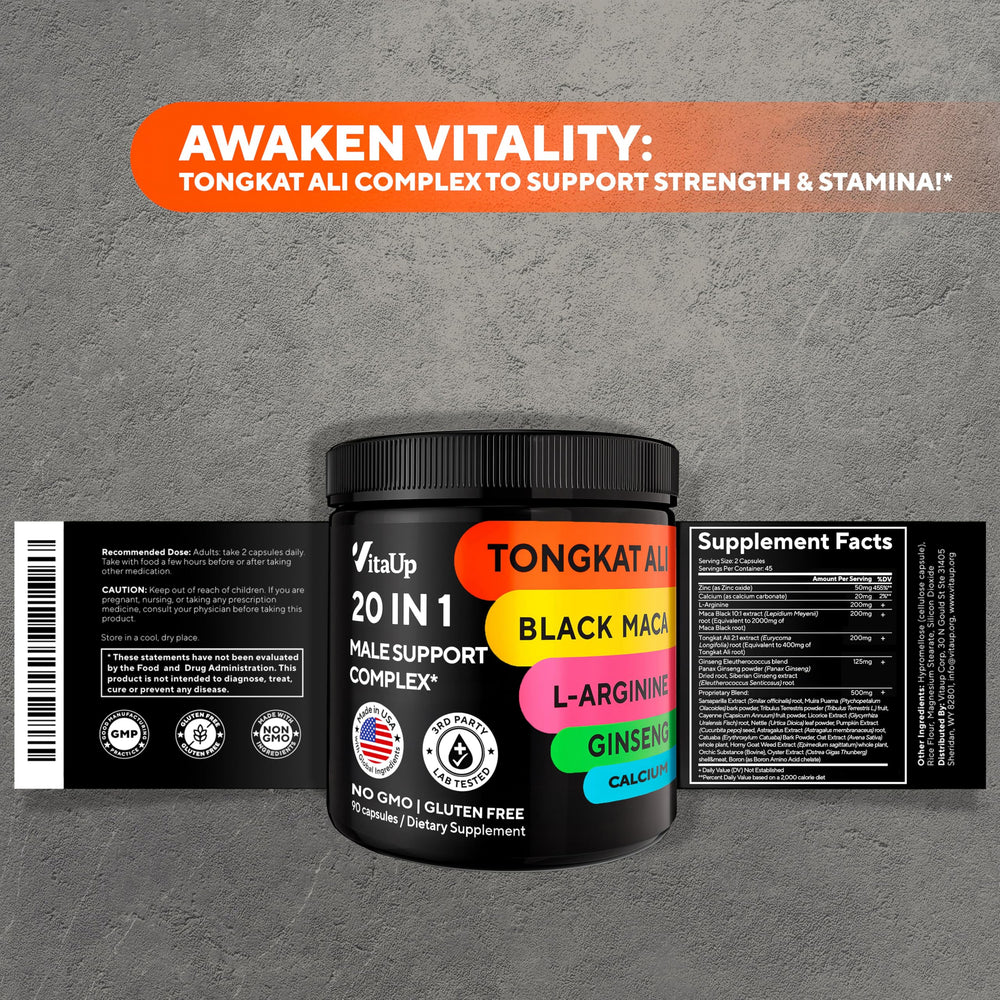 VitaUp Tongkat Ali ingredients include black maca, ginseng and astragalus