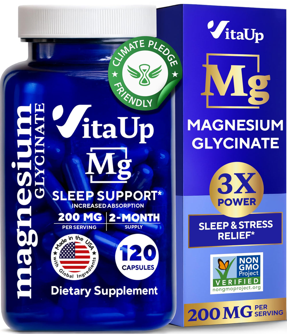 VitaUp Magnesium Glycinate 200mg bottle front, high-absorption formula supports calm focus.