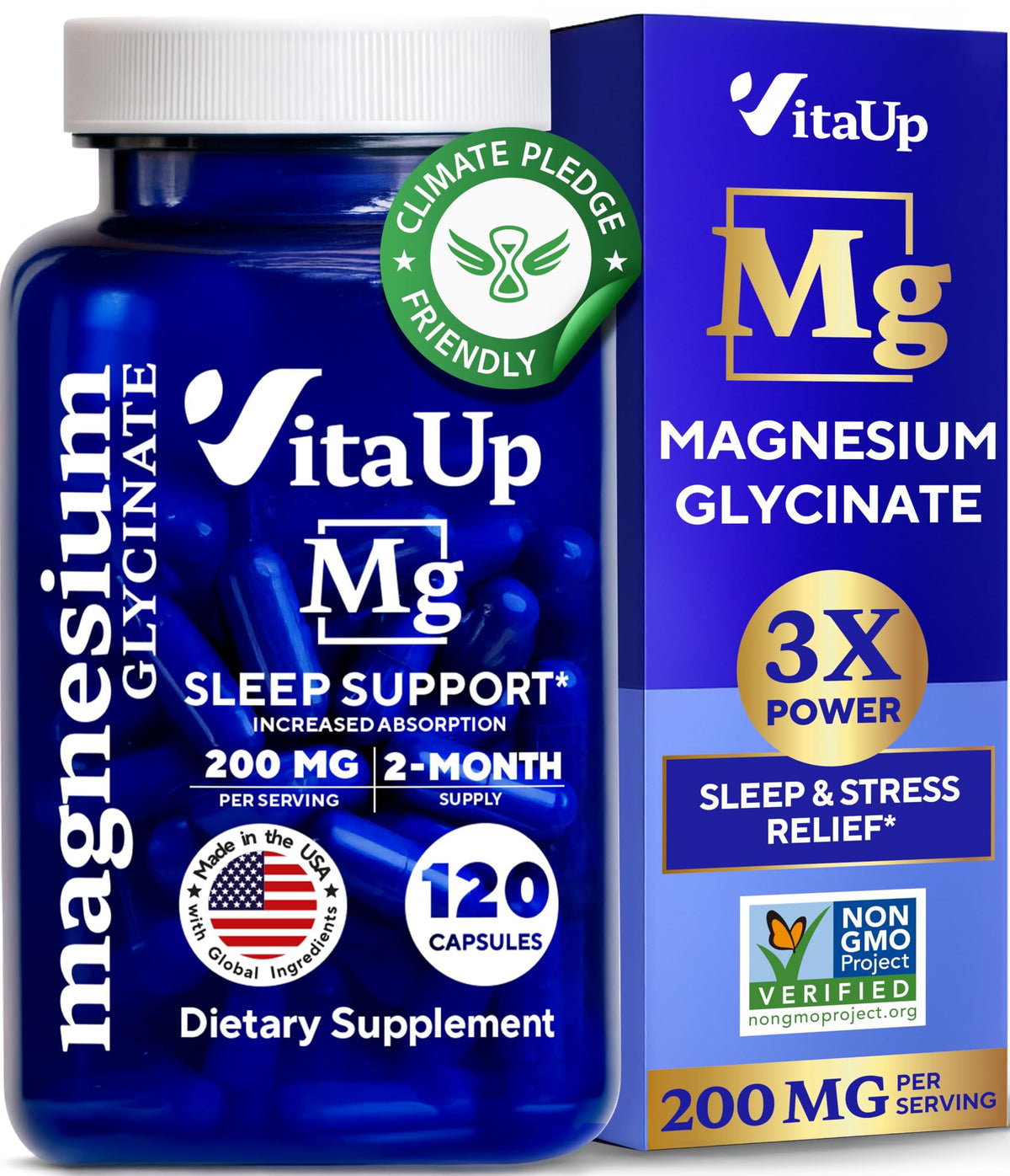 VitaUp Magnesium Glycinate 200mg bottle front, high-absorption formula supports calm focus.