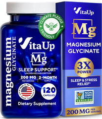 VitaUp Magnesium Glycinate 200mg bottle front, high-absorption formula supports calm focus.