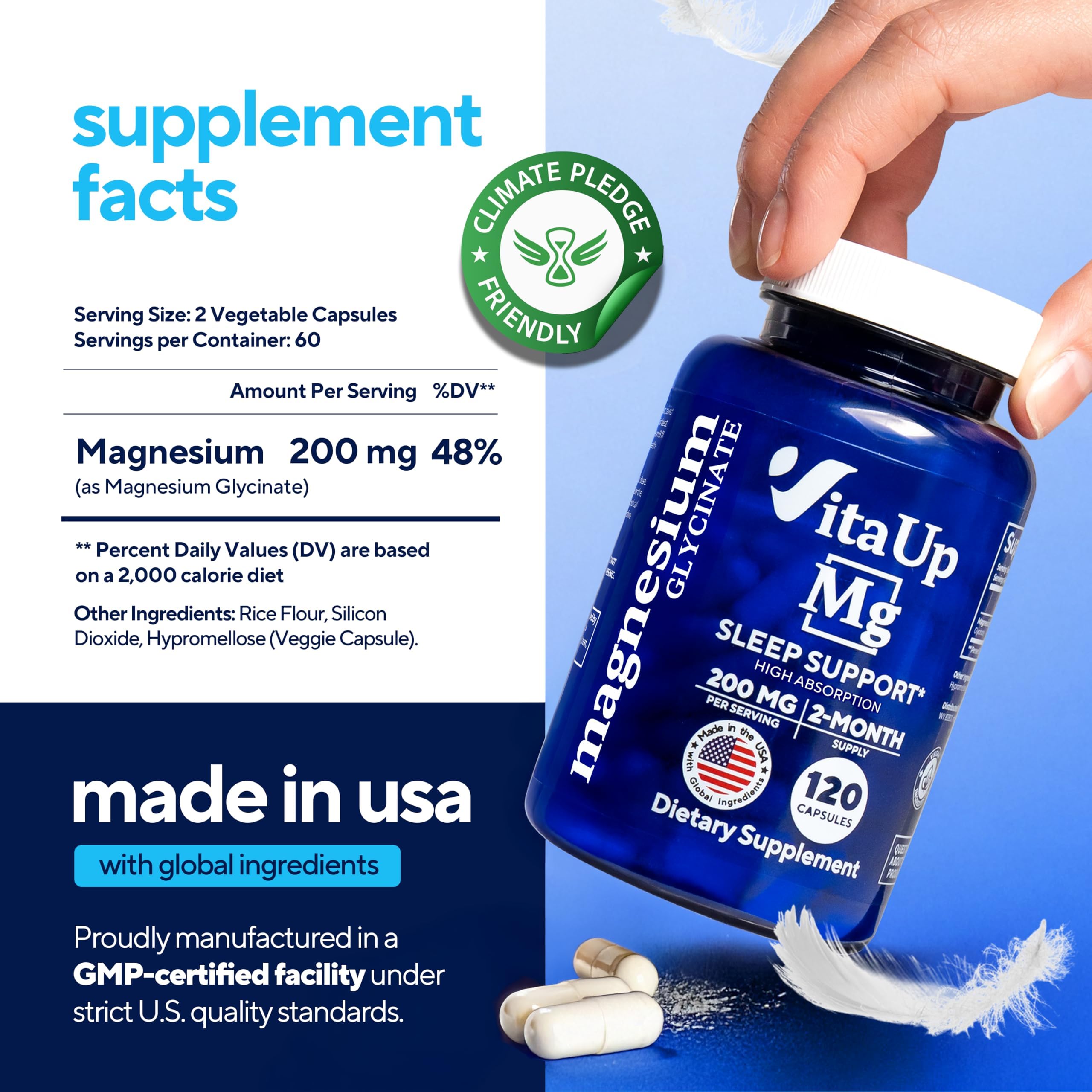 VitaUp Magnesium Glycinate capsules in hand, portable daily wellness support.