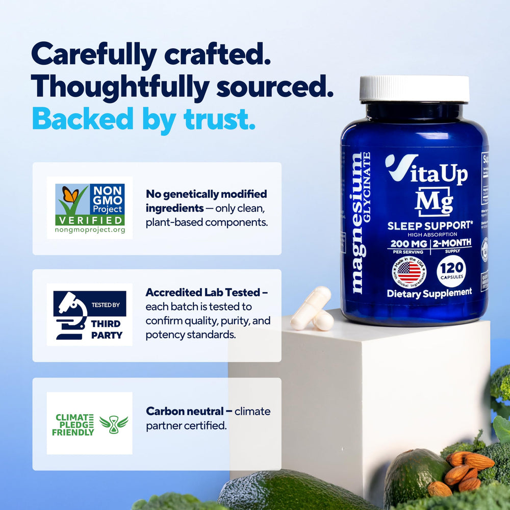 VitaUp vegan capsules on a clean surface, designed for daily routines.