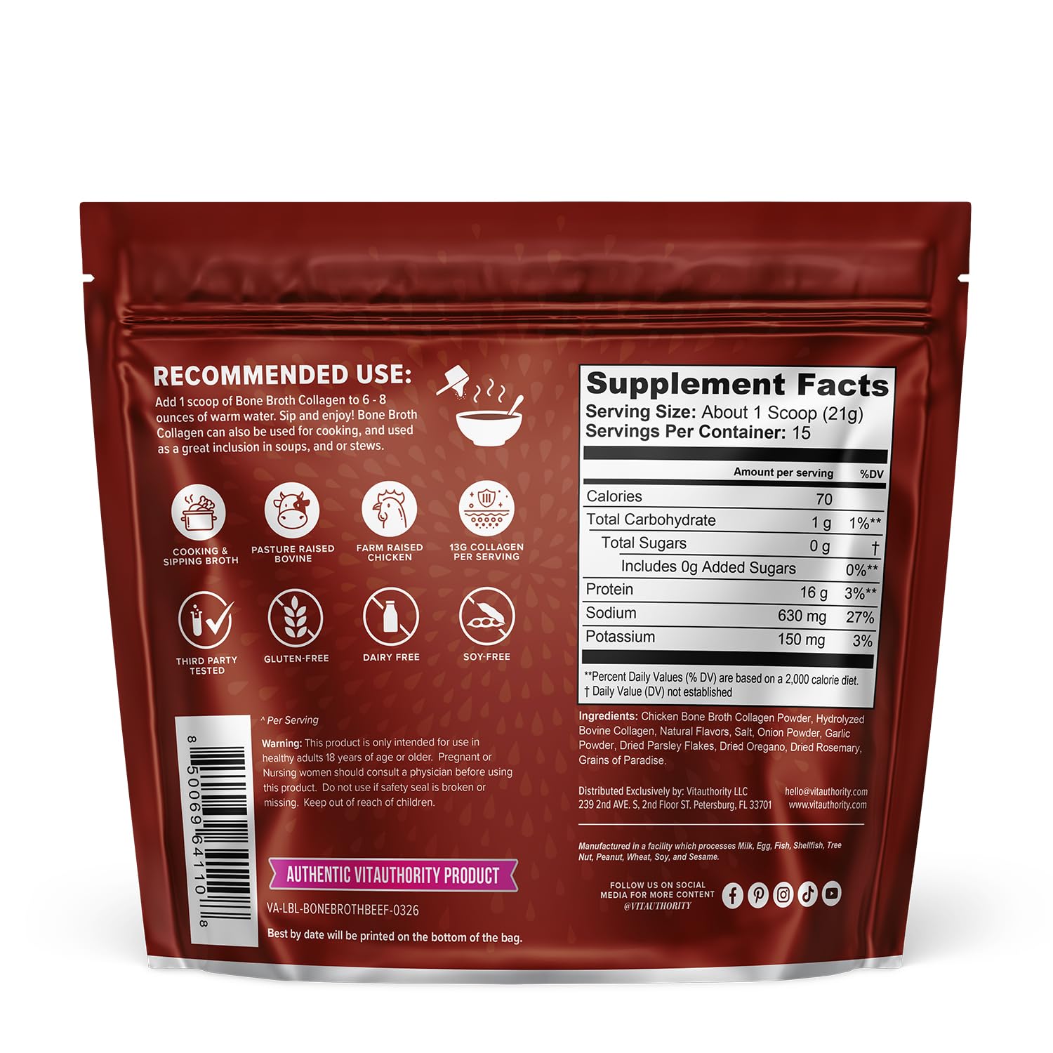 Vitauthority beef bone broth powder packaging