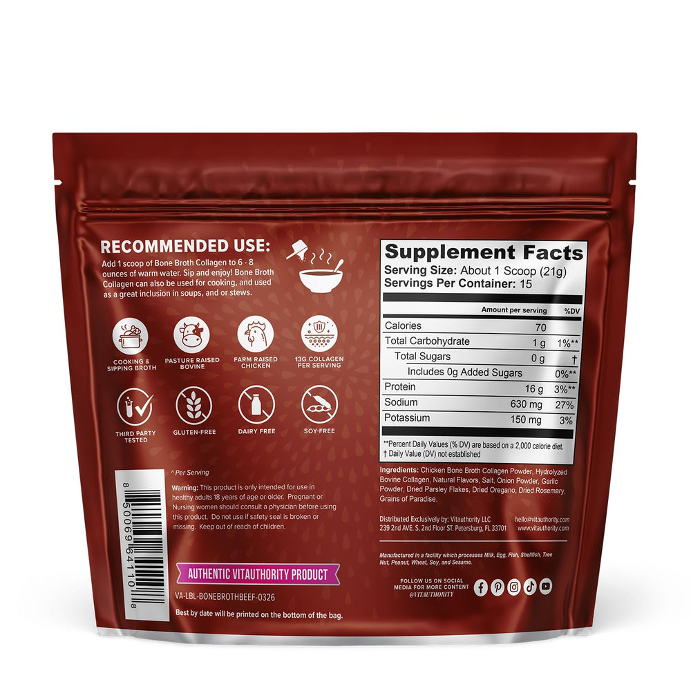 Vitauthority beef bone broth powder packaging