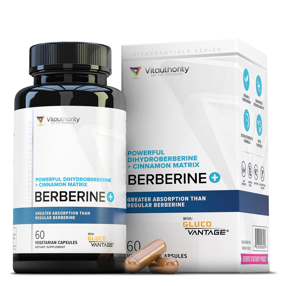 Vitauthority berberine cinnamon capsules closeup for daily wellness support.