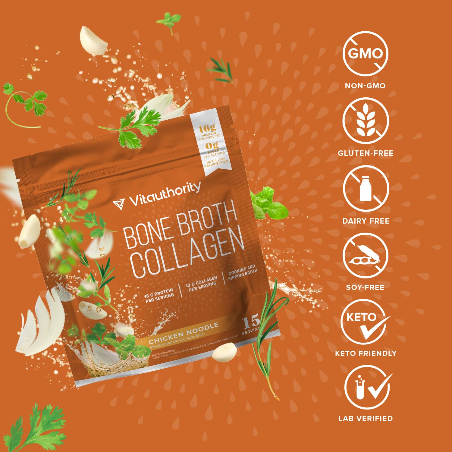 Vitauthority Bone Broth Collagen Chicken Noodle bowl presents comforting flavor and hydration in one serving