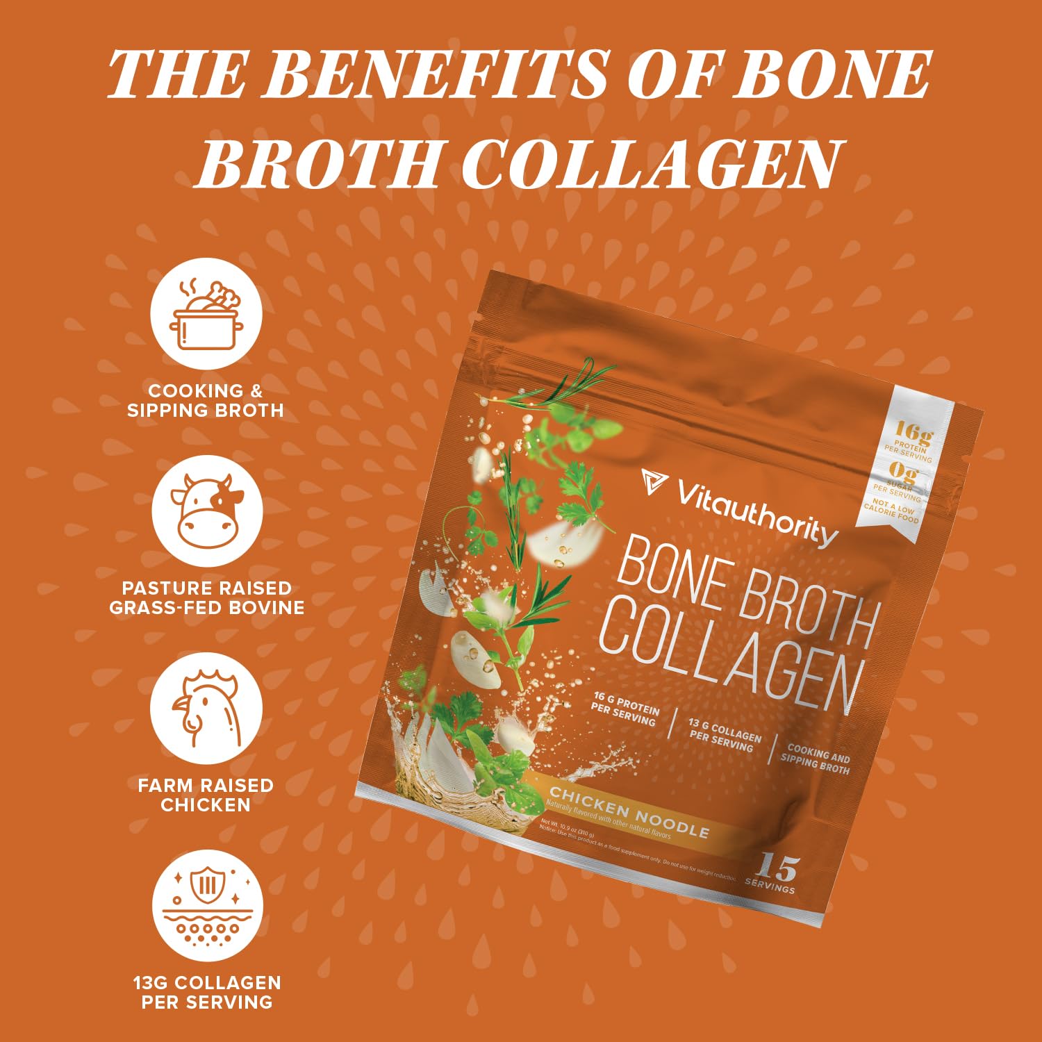 Vitauthority Bone Broth Collagen Chicken Noodle cup showcases quick, warming nourishment for busy mornings