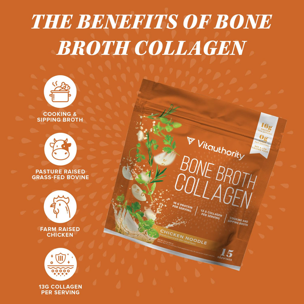 Vitauthority Bone Broth Collagen Chicken Noodle cup showcases quick, warming nourishment for busy mornings