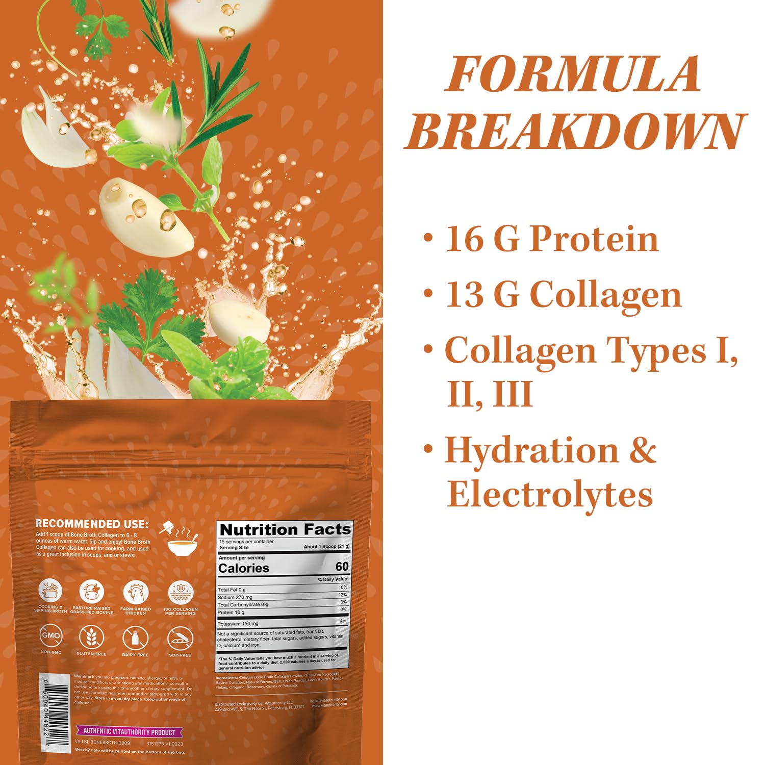 Vitauthority Bone Broth Collagen Chicken Noodle ingredients emphasize protein and collagen types for daily nourishment