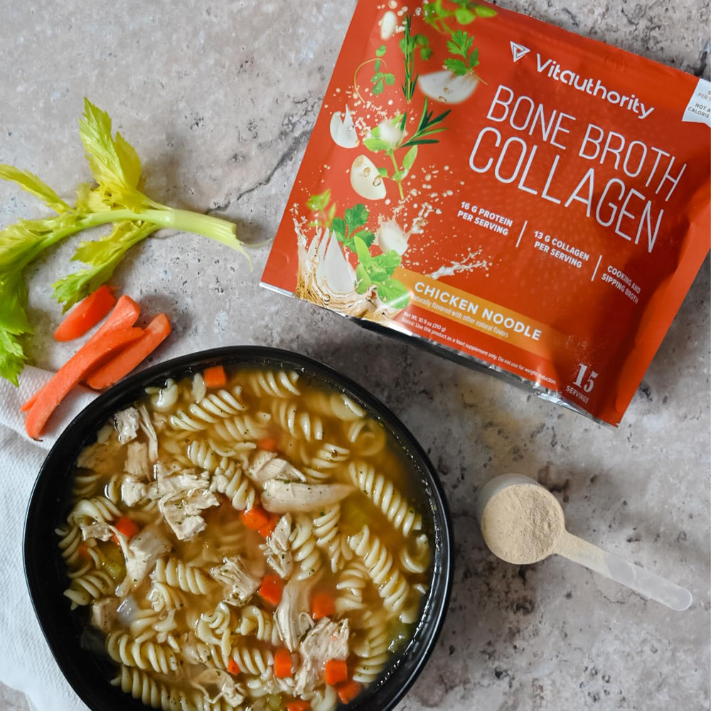 Vitauthority Bone Broth Collagen Chicken Noodle serving illustrates versatile mix-in for soups, smoothies, or meals