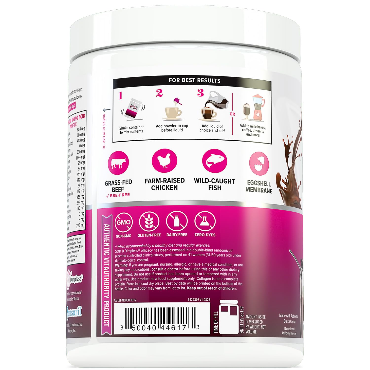 Vitauthority Collagen Peptides Chocolate ingredients display five collagen types and vitamin C.