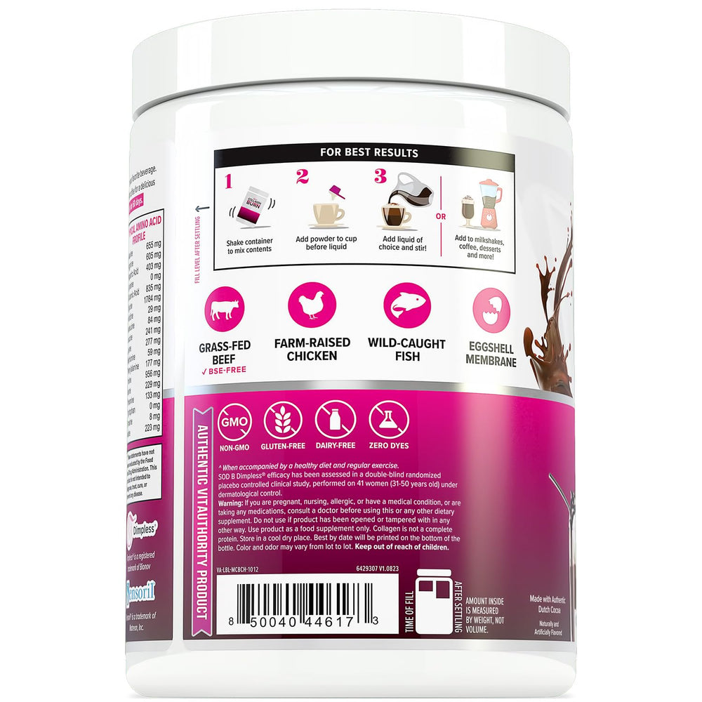 Vitauthority Collagen Peptides Chocolate ingredients display five collagen types and vitamin C.