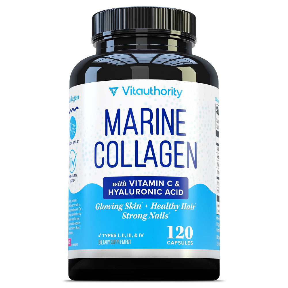 Vitauthority Marine Collagen Capsules bottle on counter for easy daily wellness.