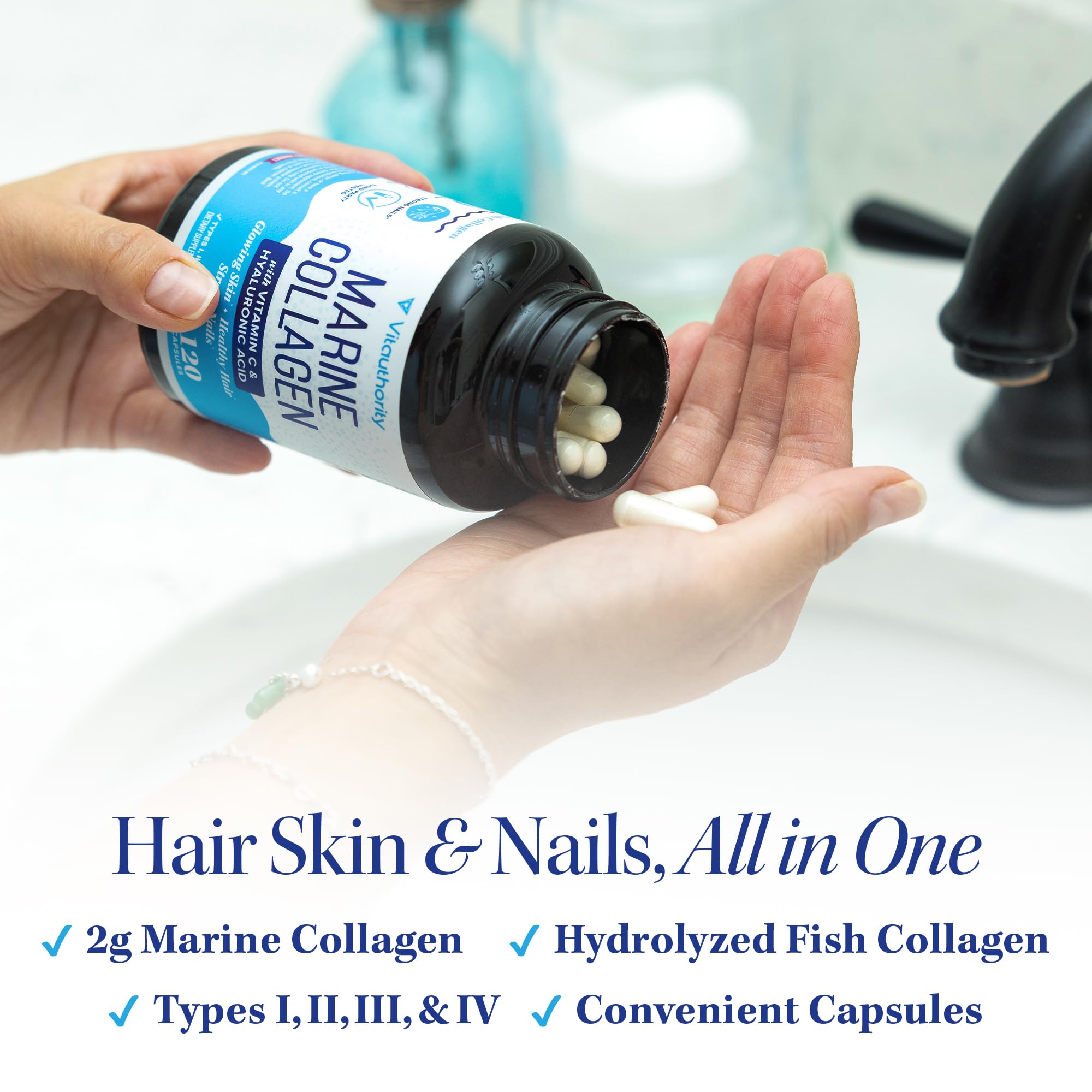 Vitauthority Marine Collagen Capsules close-up of capsules for skin and hair support.