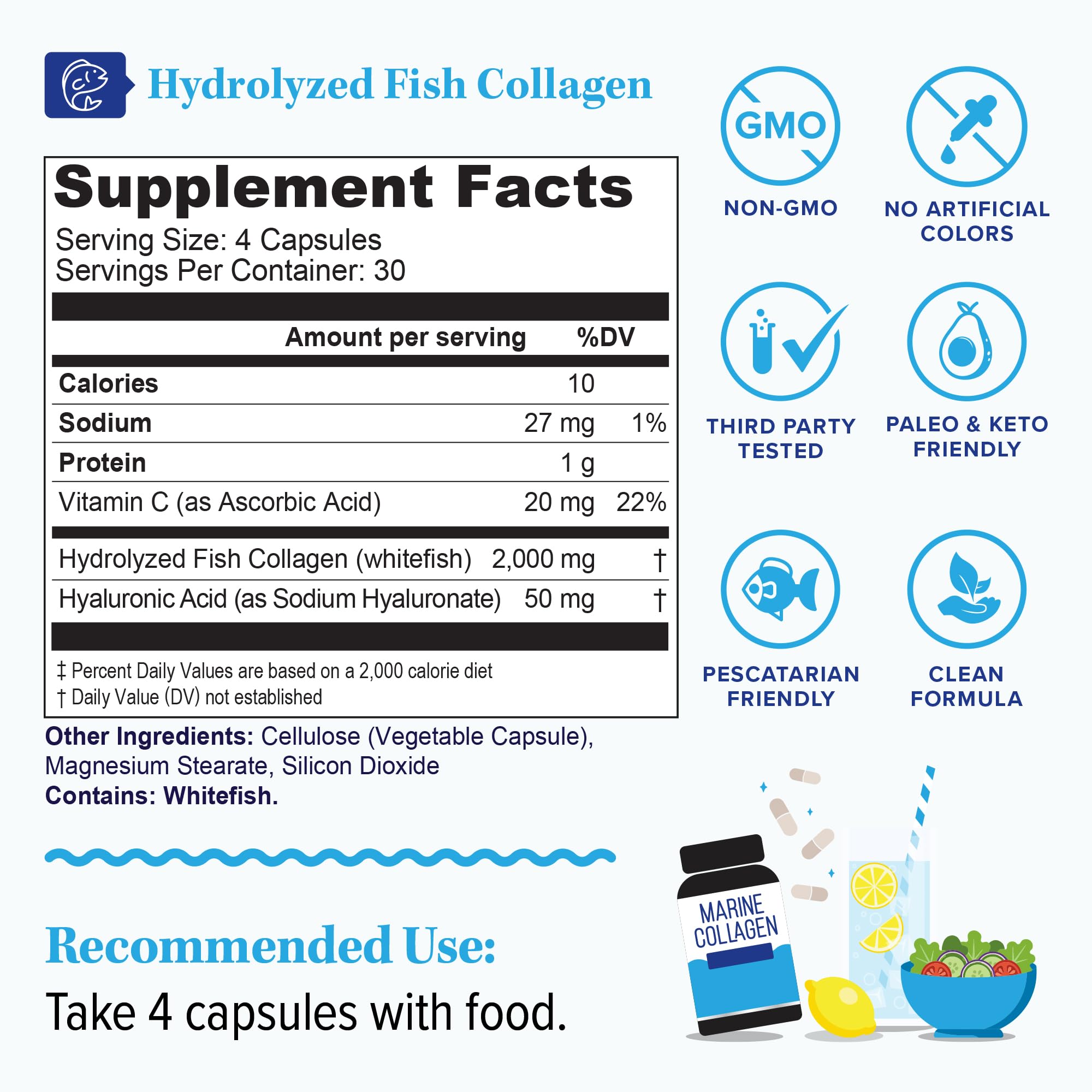 Vitauthority Marine Collagen Capsules four-capsule serving for skin, hair and nails.