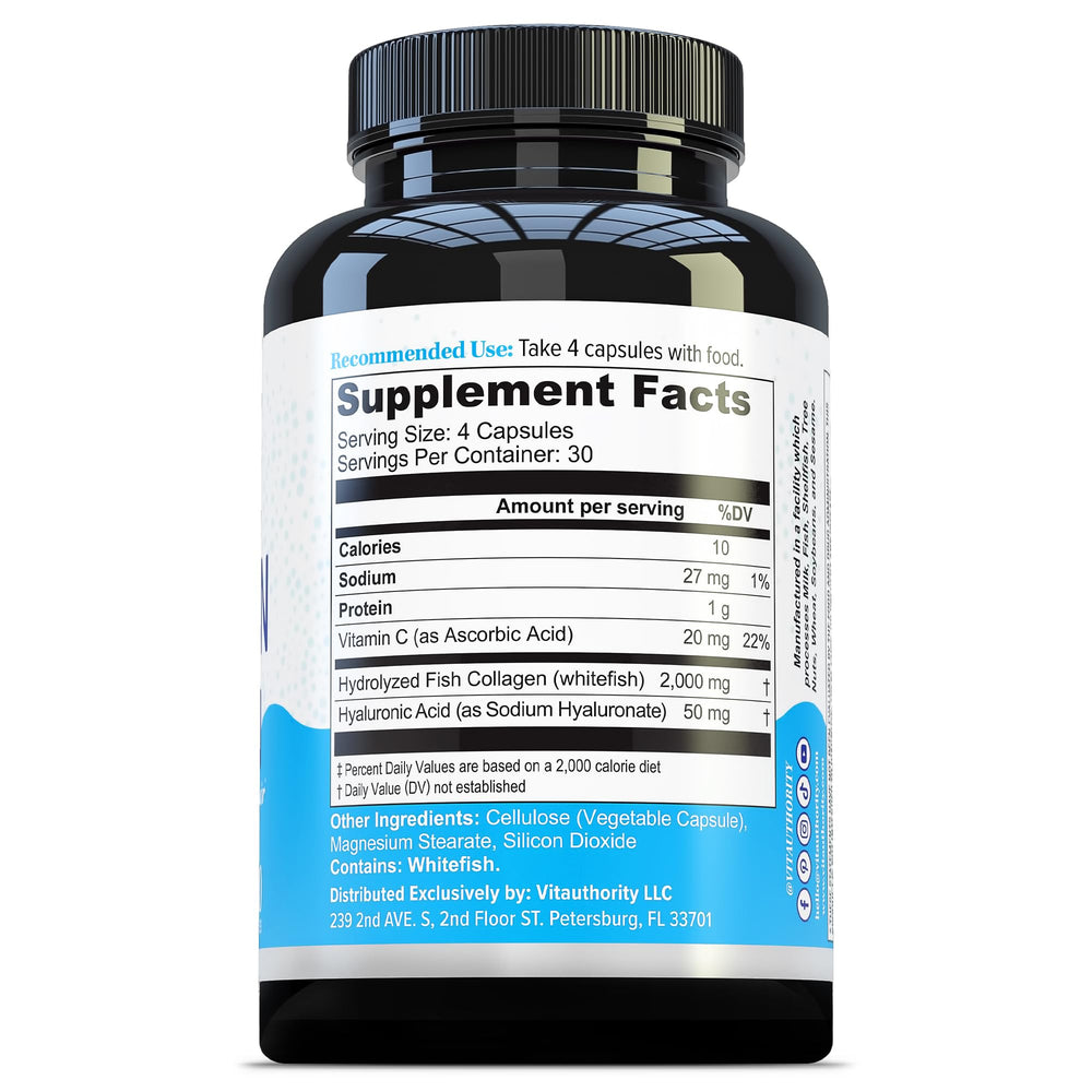 Vitauthority packaging highlights sustainably sourced whitefish collagen.