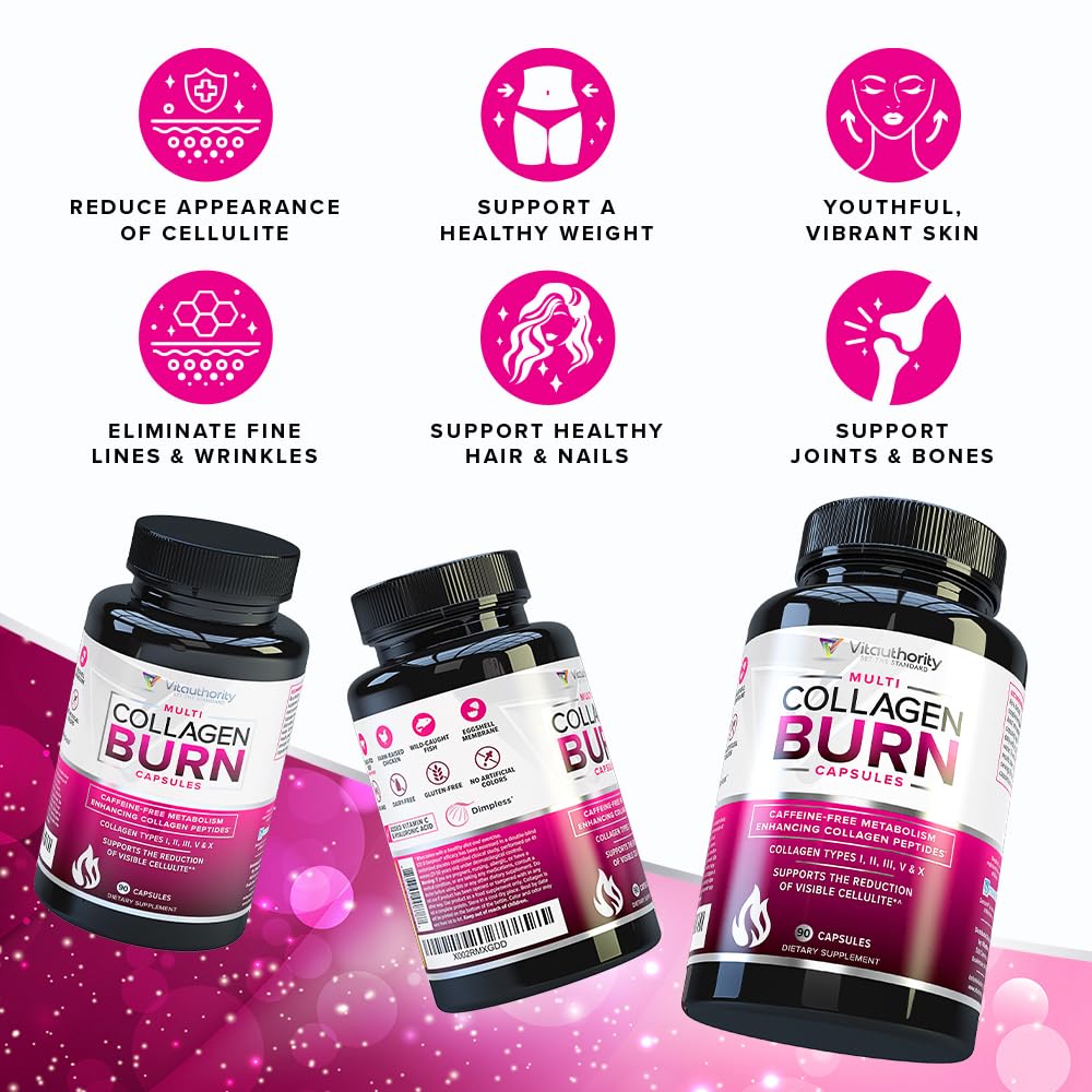 Vitauthority Multi Collagen Burn back label highlights ingredients and caffeine-free formula.