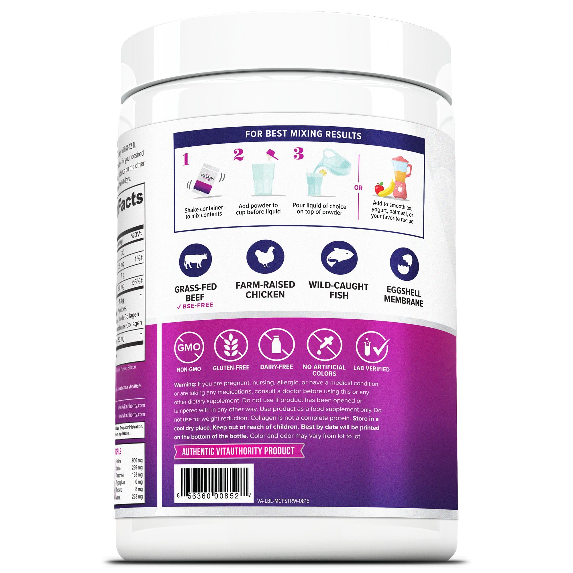 Vitauthority label closeup highlights the 5 collagen types and hyaluronic acid