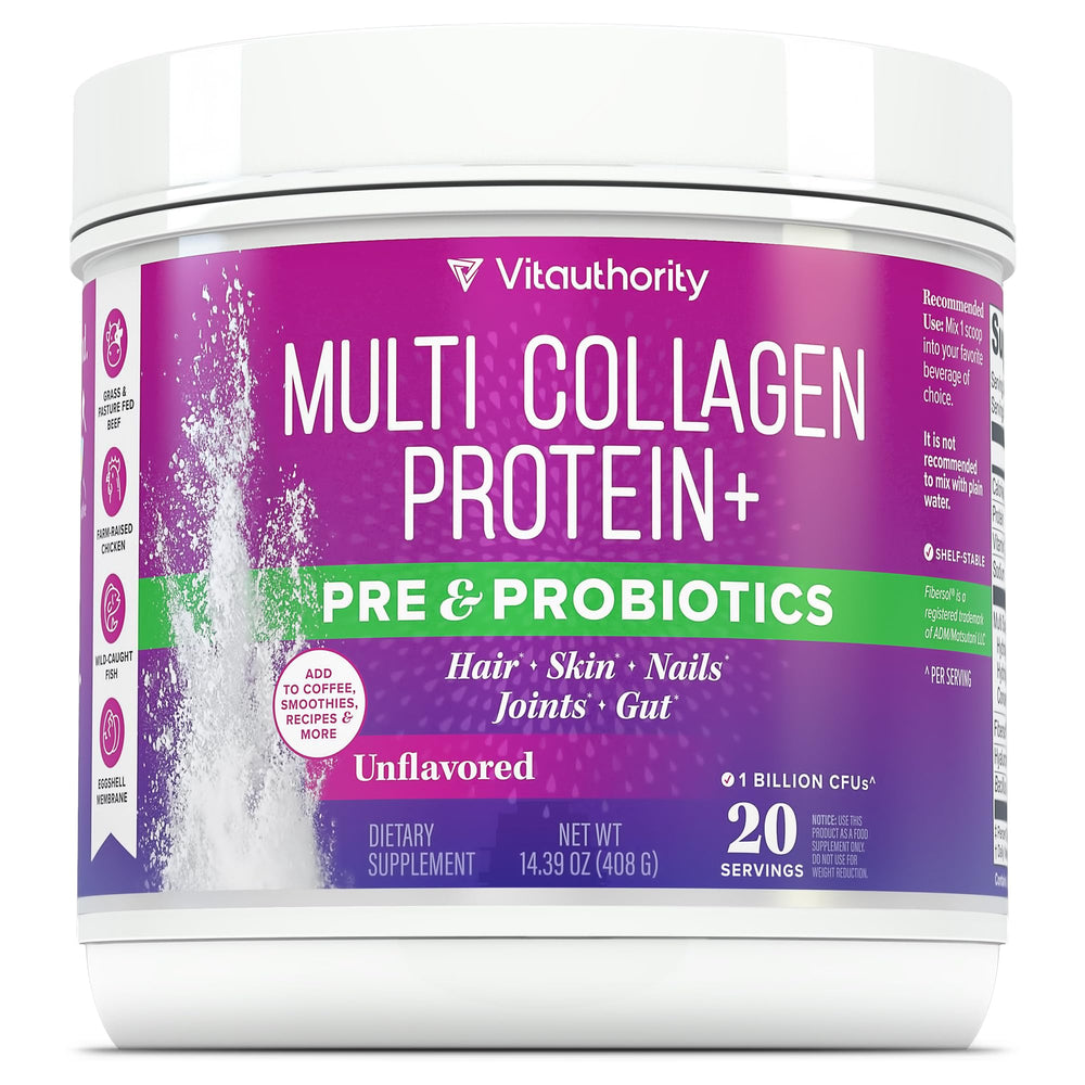 Vitauthority Multi Collagen Probiotics for Women bottle supports daily wellness.