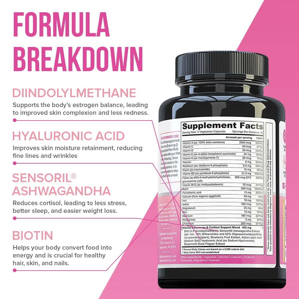 Vitauthority Multivitamin Women bottle with soft lighting evoking skin glow benefits