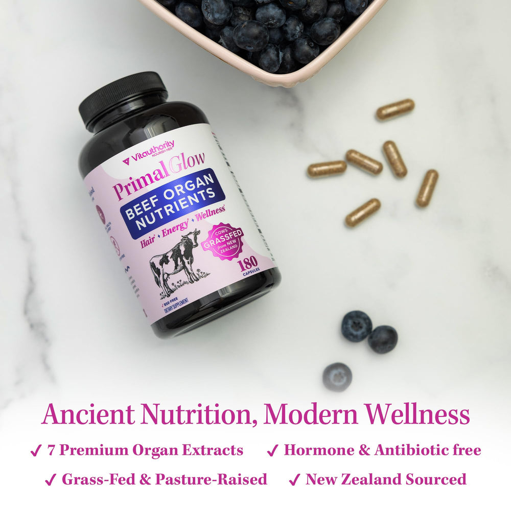 Vitauthority Primal Glow bone marrow capsules for vitality and minerals.