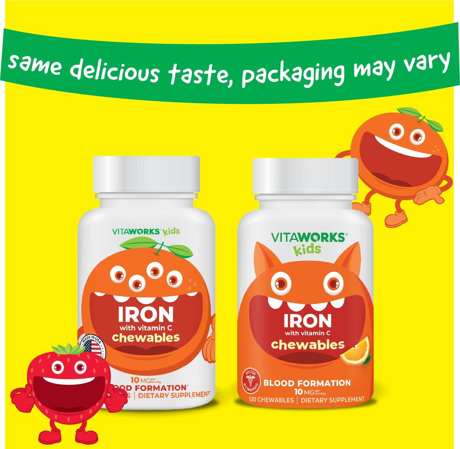 VitaWorks Kids Iron bottle side showing vegan formulation and allergen info