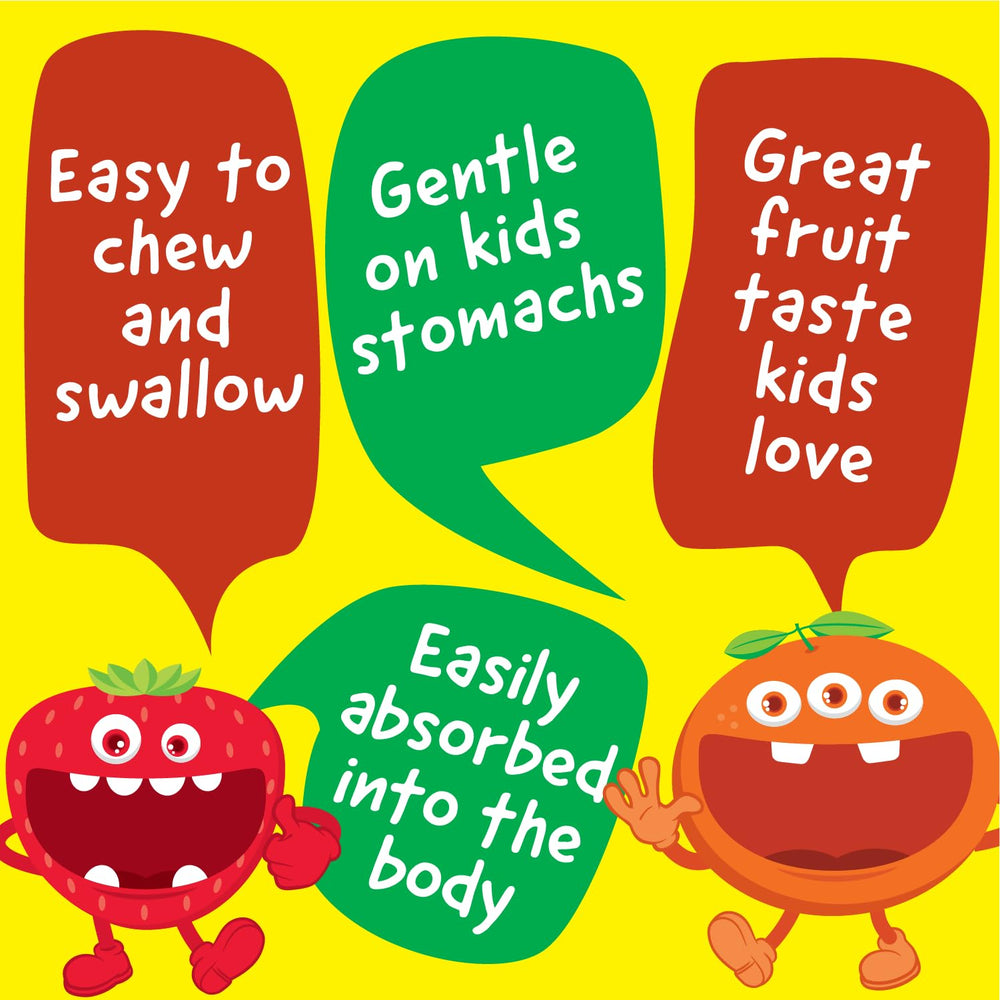 VitaWorks Kids Iron tablets close-up displaying 10 mg iron and 50 mg vitamin C per serving