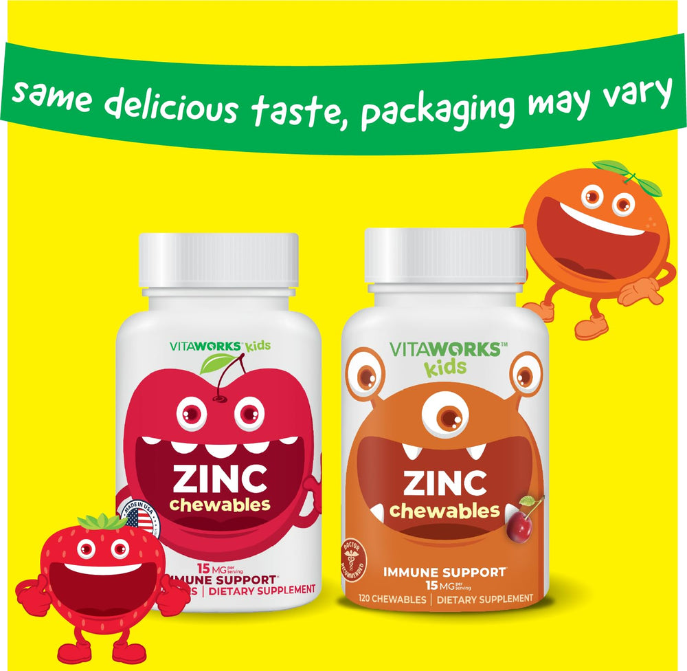 VitaWorks Kids Zinc 15 mg, botella de 120 tabletas para suministro prolongado.