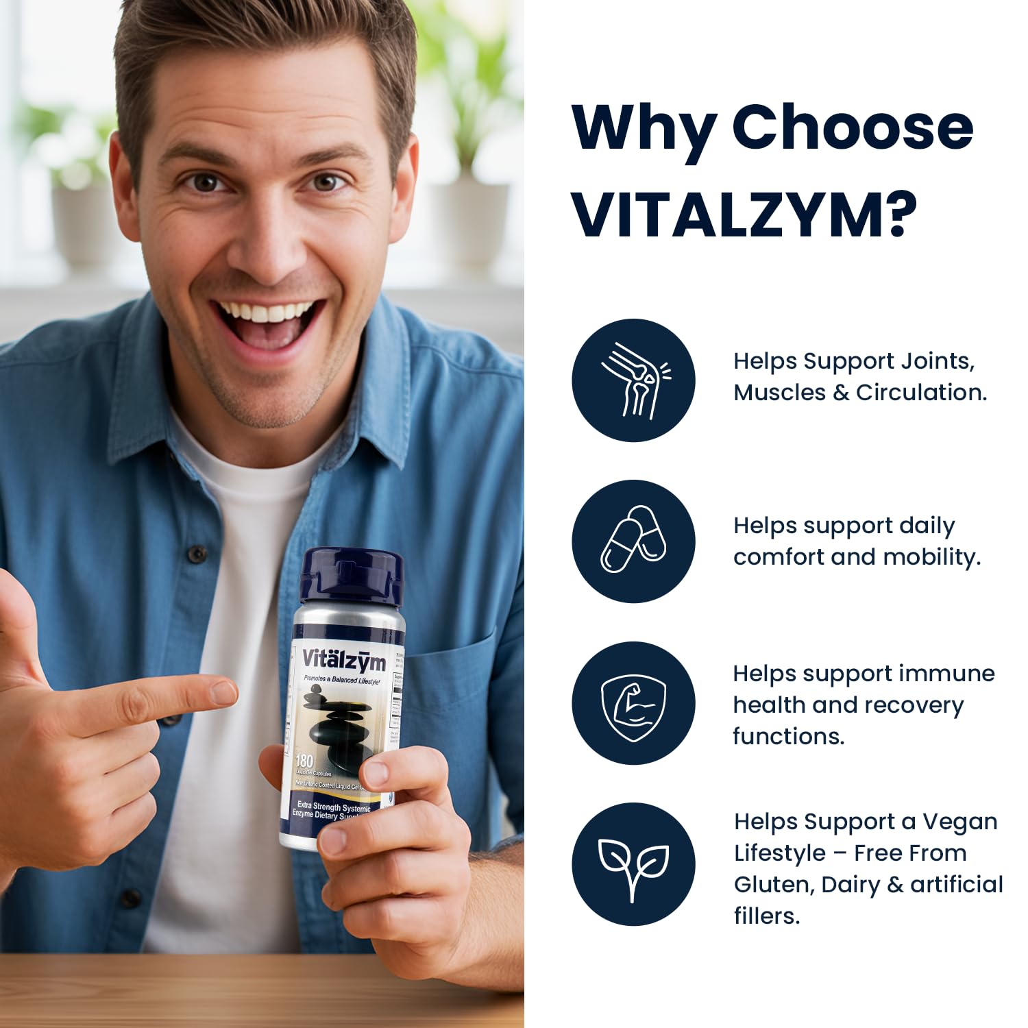 VITÄLZYM easy swallow capsules in hand for convenient daily dosing