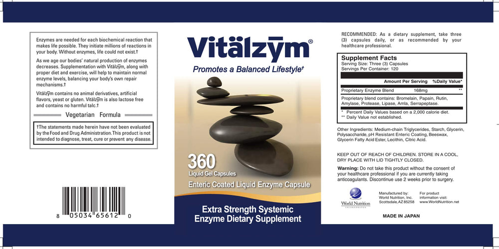 VITÄLZYM multi-enzyme capsules close-up with bromelain and papain.