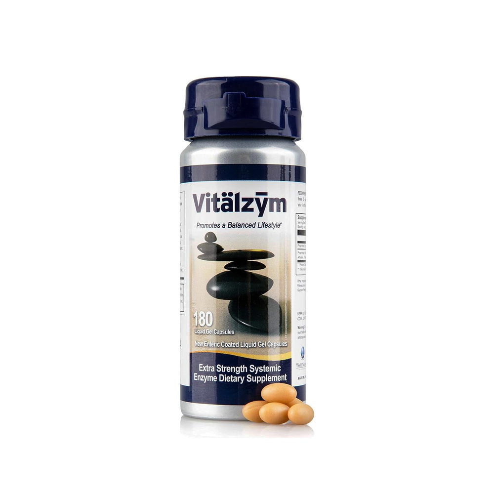 VITÄLZYM proteolytic systemic bottle showing label for broad enzyme delivery and daily support