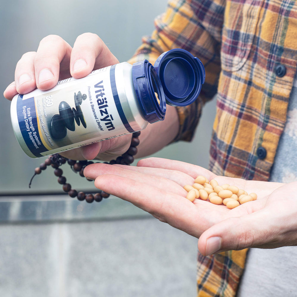 VITÄLZYM label highlights vegetarian, gluten-free, dairy-free, yeast-free features.