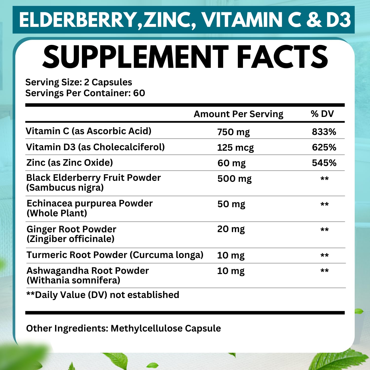 Capsules pouring from bottle; convenient 8-in-1 formula for everyday energy and resilience