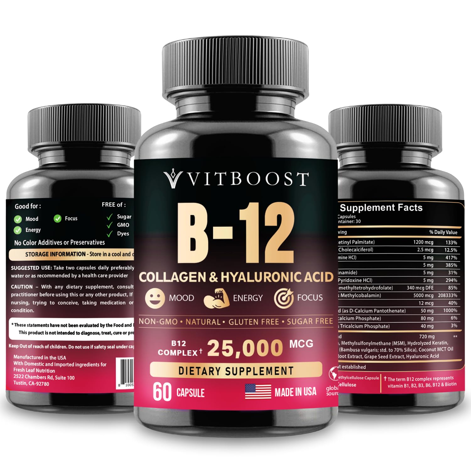 VITBOOST B12 collagen label shows blend for brain and immune support.