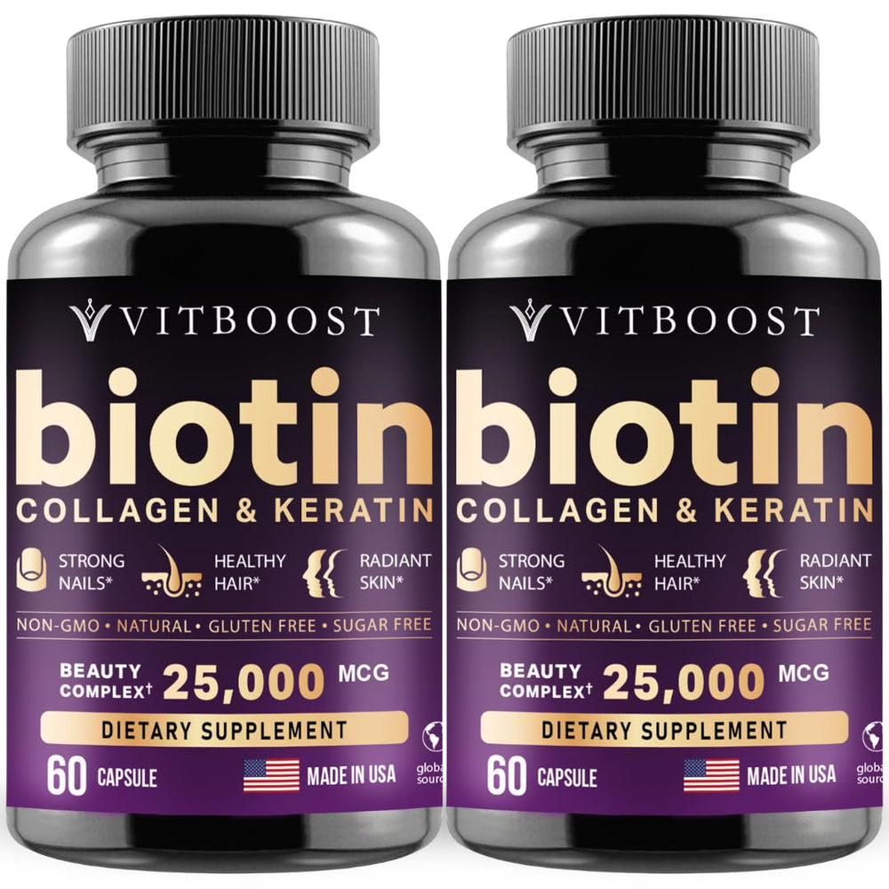 Vitboost biotin with hyaluronic acid bottle highlights hair and skin support.