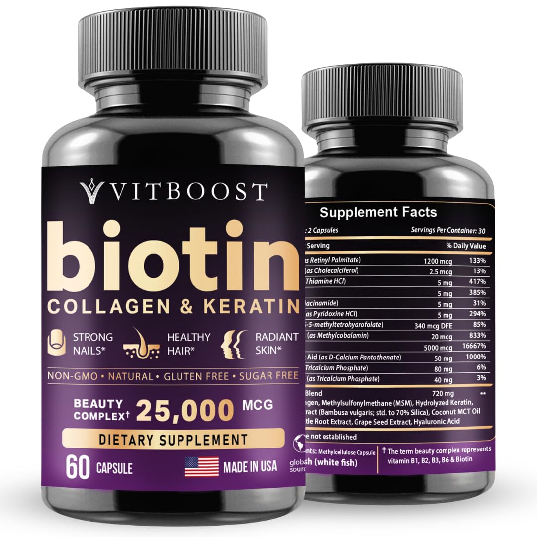 VITBOOST Biotin bottle with hyaluronic acid for healthier hair, skin, and nails.