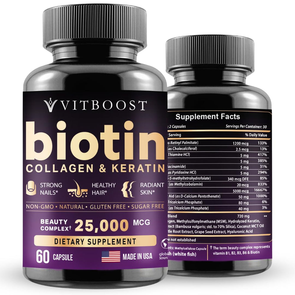 VITBOOST Biotin bottle with hyaluronic acid for healthier hair, skin, and nails.
