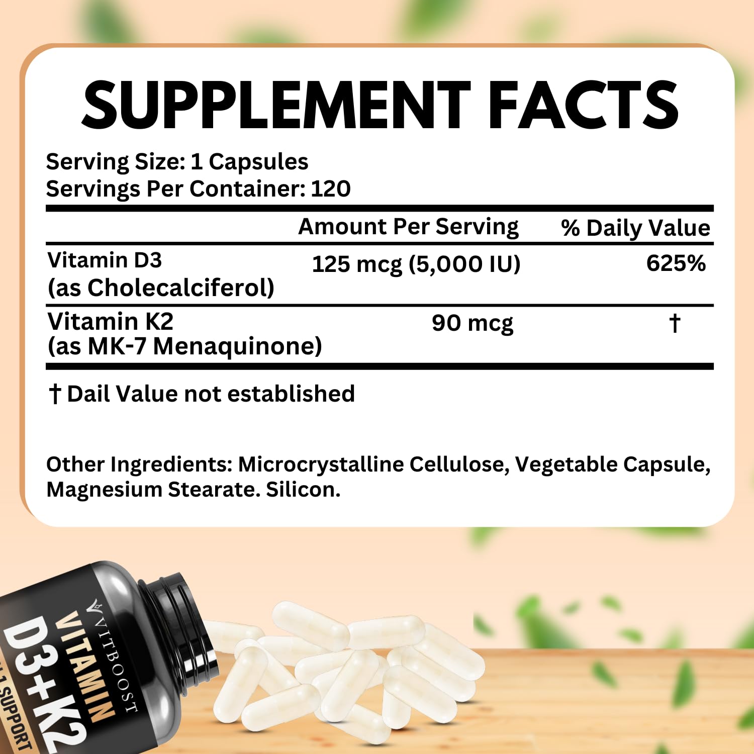 Etiqueta frontal de VITBOOST D3 K2 Complex, diseño claro y fácil de identificar.