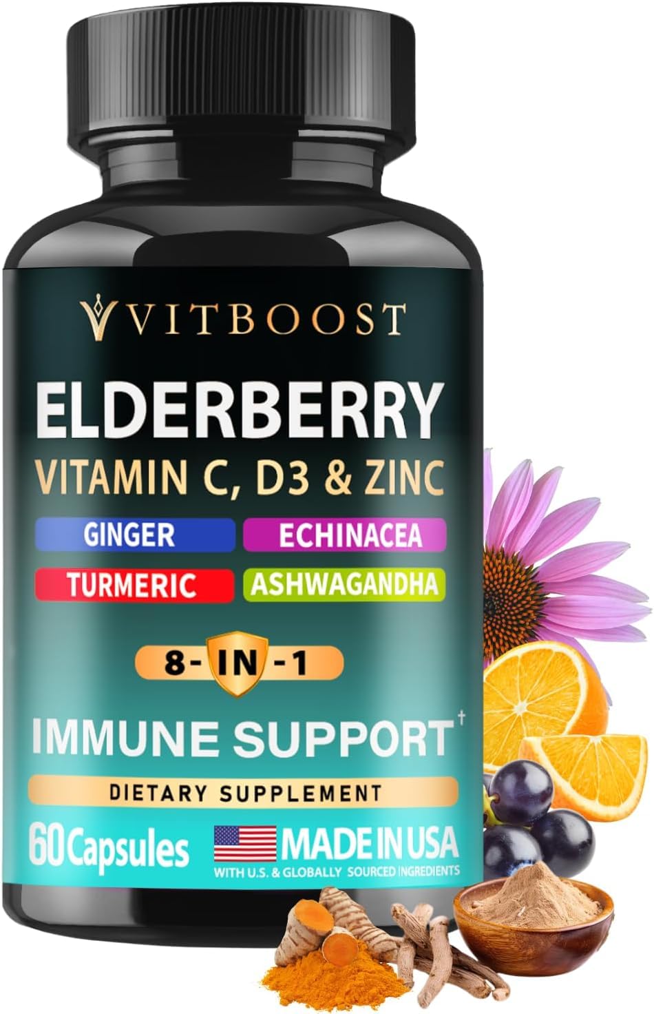 Vitboost Elderberry bottle front view, suggesting easy daily immune support