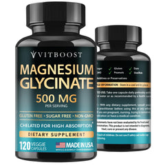 VITBOOST Magnesium Glycinate 500mg bottle with high absorption emphasis.