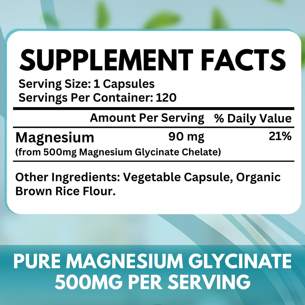 Capsules close-up highlighting chelated magnesium glycinate for gentle digestion.