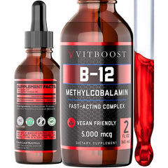 VITBOOST Raspberry B-12 Drops bottle highlights energy-supporting supplement.