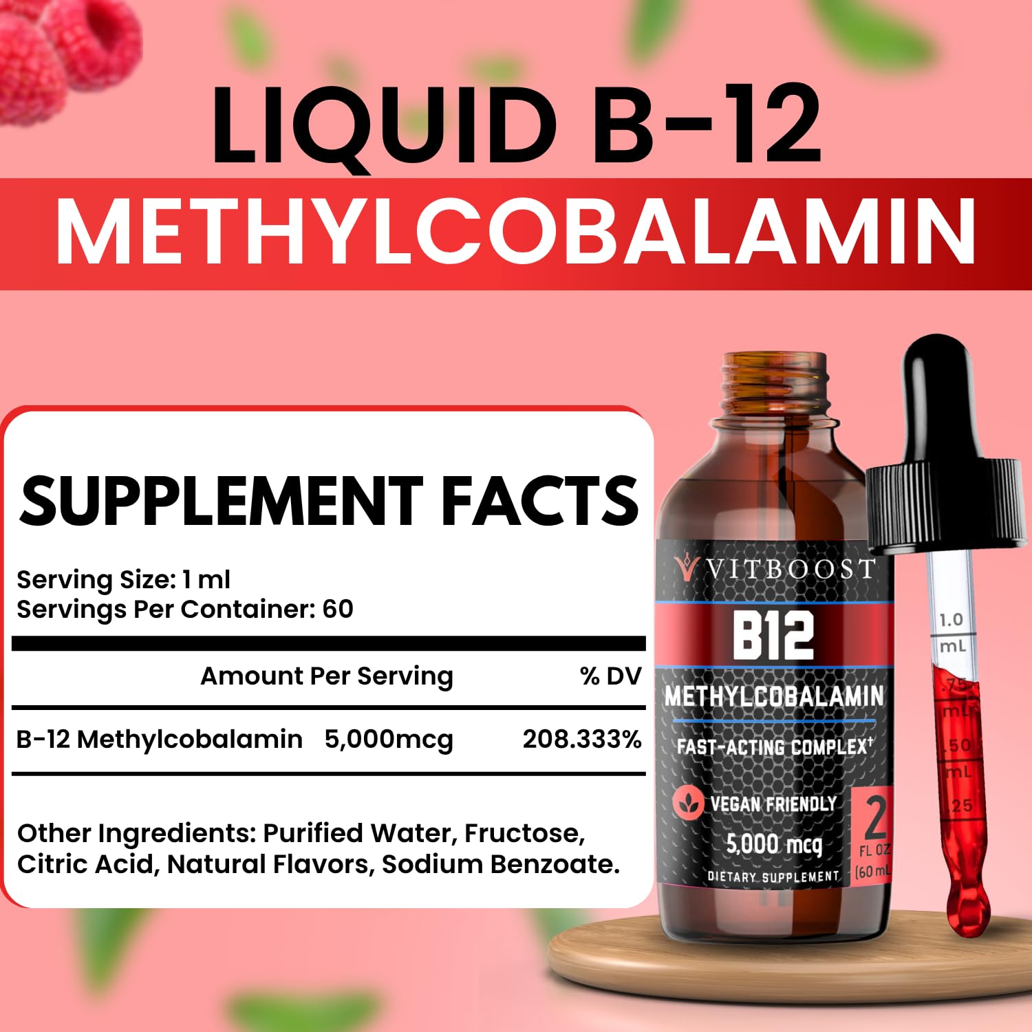 VITBOOST Raspberry B-12 Drops dropper close-up shows convenient sublingual use.