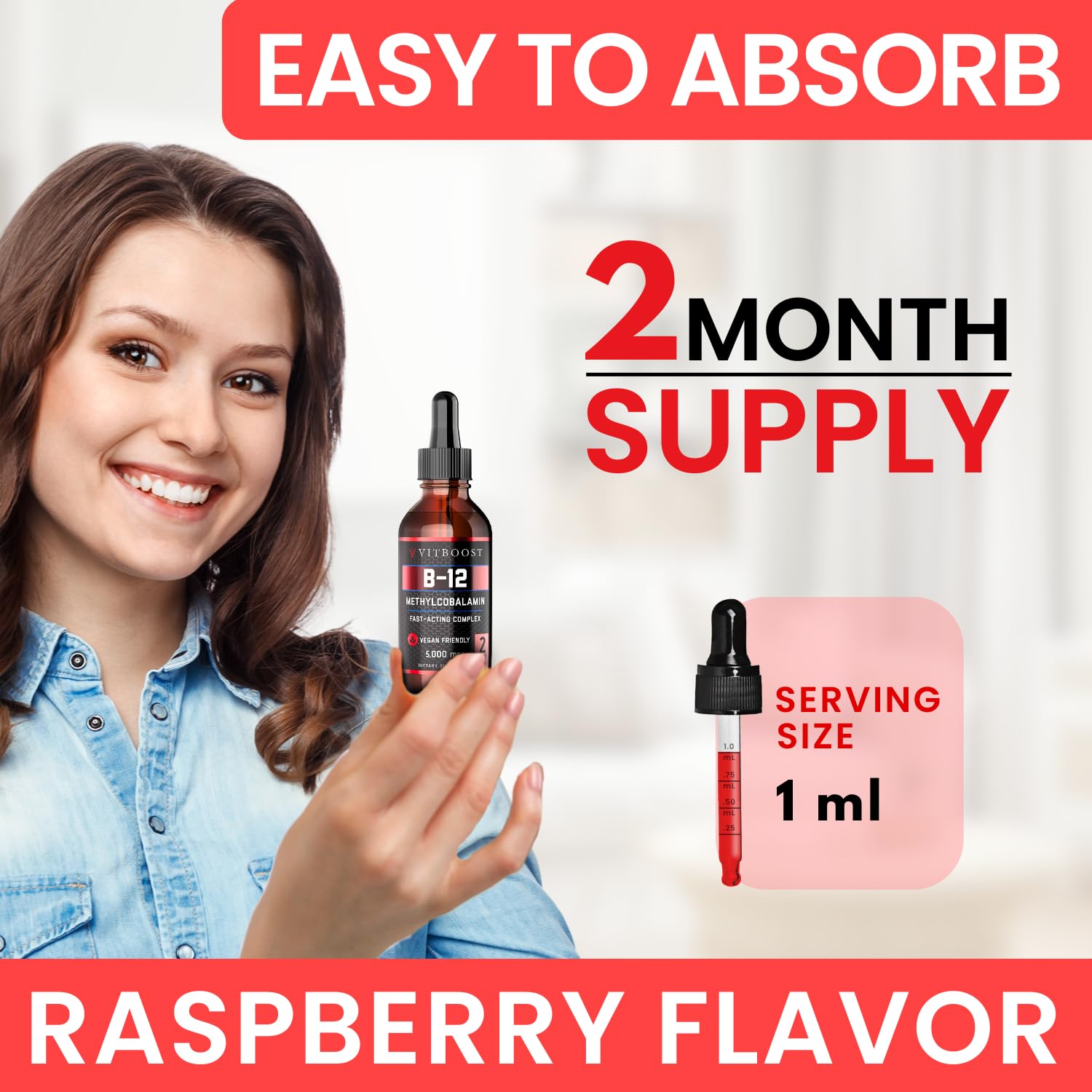 VITBOOST Raspberry B-12 Drops packaging box displays gluten-free and purity cues.