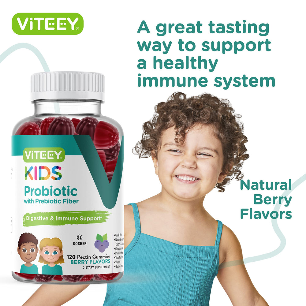 Viteey 2B CFU kids gummies close-up, kid-friendly daily ritual.