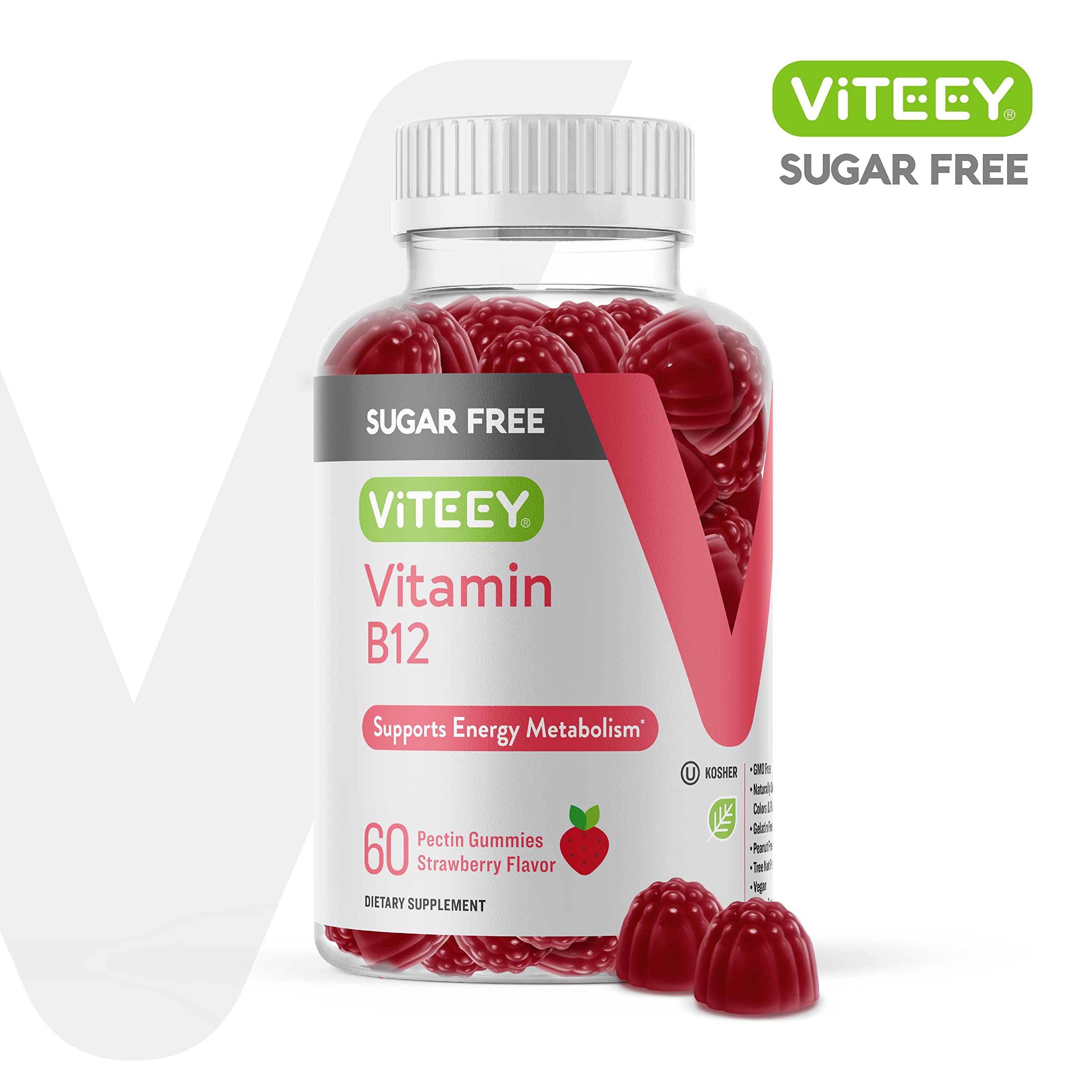 Gomita de fresa Viteey B12 cercana, sabor agradable para tomar a diario.