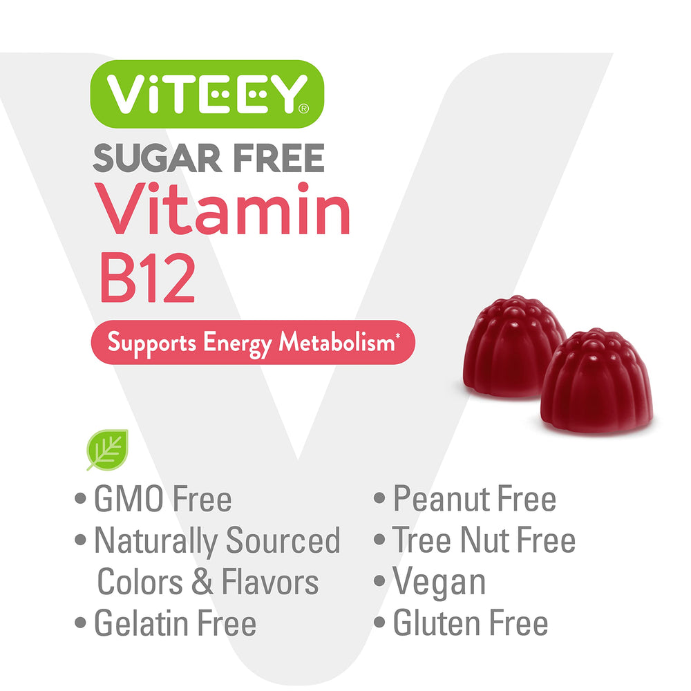 Ingredientes naturales en Viteey B12 Gummies, libres de gluten y gelatina.