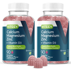 Viteey Calcium Magnesium Zinc Gummies bottle front with raspberry flavor for daily supplementation