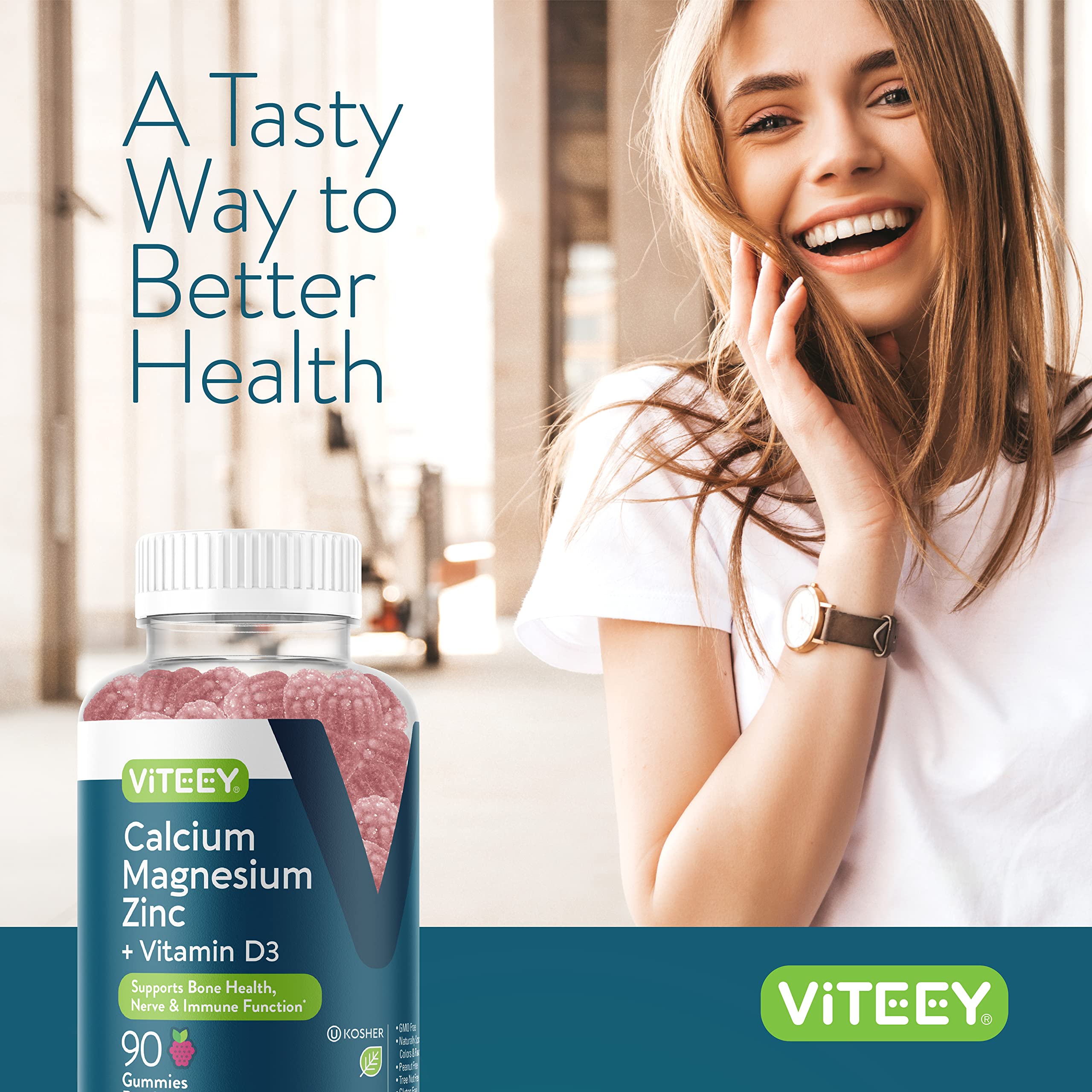 Viteey gummies in hand showing easy-to-take raspberry supplement for teens and adults